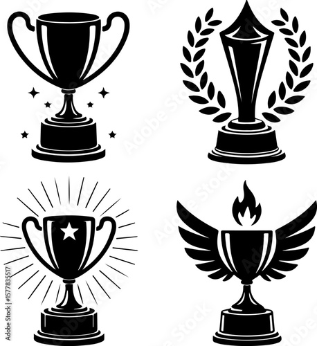 Image is a vector illustration featuring four distinct trophy designs, each in a black silhouette style. The layout is a 2x2 grid, with each trophy occupying one quadrant. The top left trophy has a cl