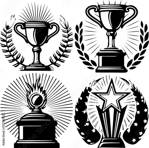 Image is a vector illustration featuring four distinct trophy designs, each in a black silhouette style. The layout is a 2x2 grid, with each trophy occupying one quadrant. The top left trophy has a cl
