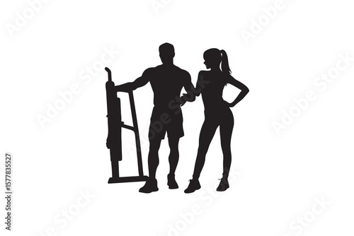 Silhouette of a Personal Trainer with a Female Client at the Gym Providing Guidance and Support during a Workout Session