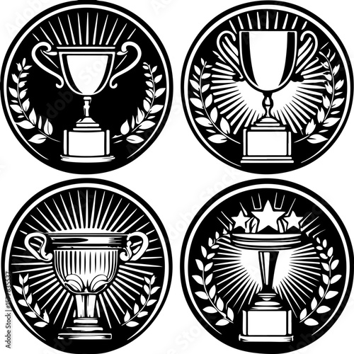 Image is a vector illustration featuring four distinct trophy designs, each in a black silhouette style. The layout is a 2x2 grid, with each trophy occupying one quadrant. The top left trophy has a cl