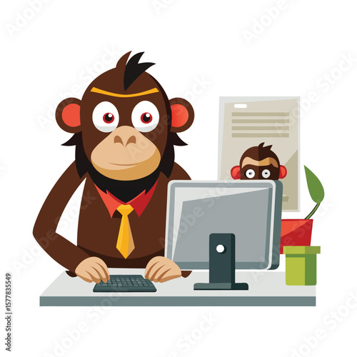 Curious Monkey Peeking at Colleague’s Computer Screen. Funny Office Spy Vector Illustration, Workplace Humor, Digital Snooping Character Art for Business and Corporate Use.