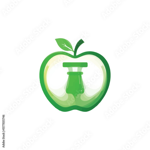 Green apple logo with a scientific beaker inside representing healthy food and science