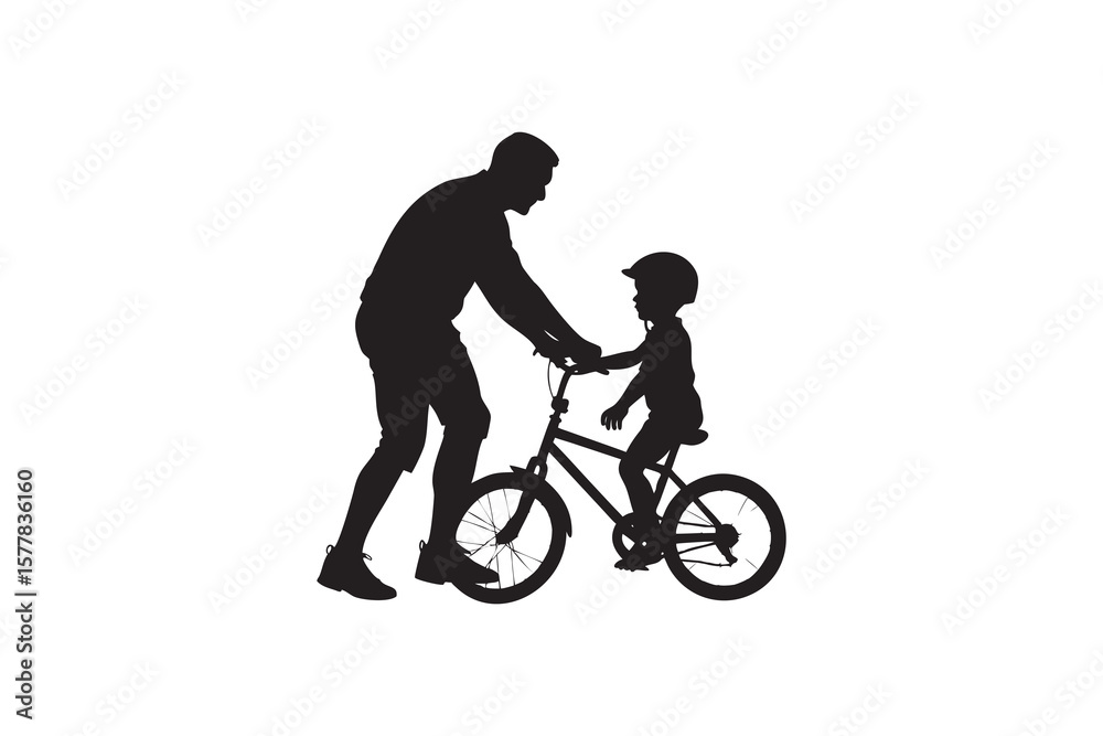 Fototapeta premium Father teaching his child to ride a bike silhouette learning to ride family activity fatherhood childhood support encouragement and skill development concept