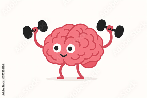Happy cartoon brain exercising with dumbbells, flat vector design promoting cognitive strength and healthy aging