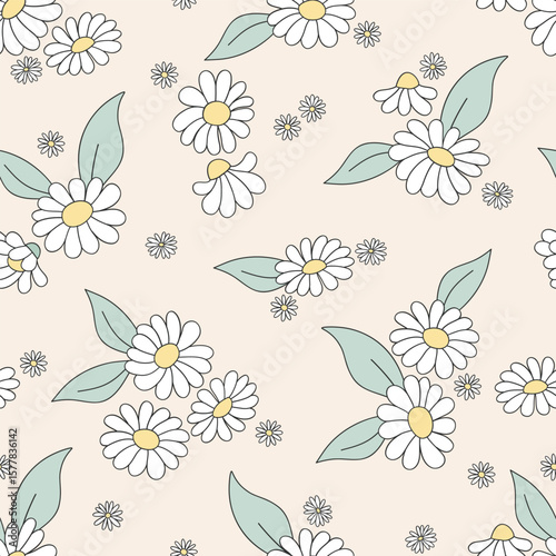 Retro Pastel Daisy Flowers Vector Seamless Pattern in Vintage Botanical Hand Drawn Style. Whimsical floral design ideal for wrapping paper, textiles, stationery, wallpaper, nursery, kids apparel, and