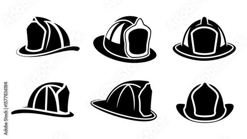 Vector art of a collection of firefighter helmets isolated on white background, representing safety and professional service