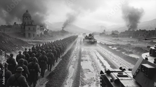 Black and white aerial shot of the opposing army on the other side of the battlefield during world war I