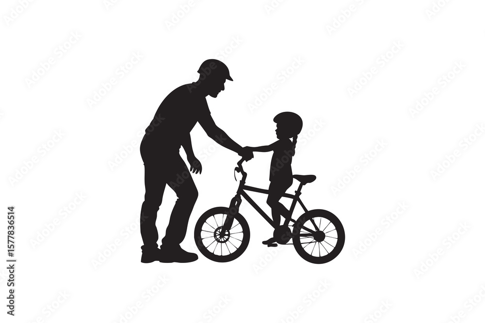 Obraz premium Silhouette of Father Teaching Daughter to Ride Bike Fatherhood and Childhood Moment Learning to Ride Family Activity Father Daughter Bond Black and White