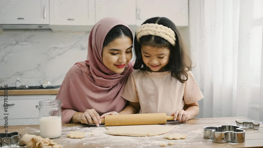 Muslim Mother and Daughter Rolling Dough Together in a Bright Kitchen, Smiling and Bonding During a Peaceful Family Moment