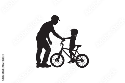 Silhouette of Father Teaching Daughter to Ride Bike Fatherhood and Childhood Moment Learning to Ride Family Activity Father Daughter Bond Black and White