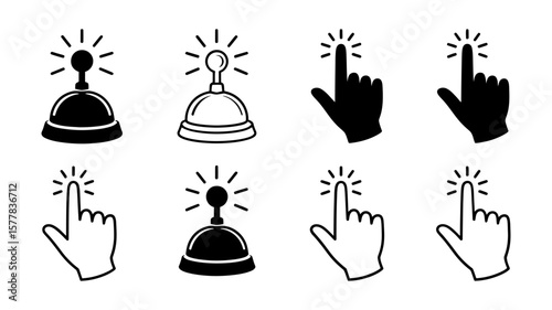 Illustration of a hand ringing a service bell and a hand clicking, isolated on white background