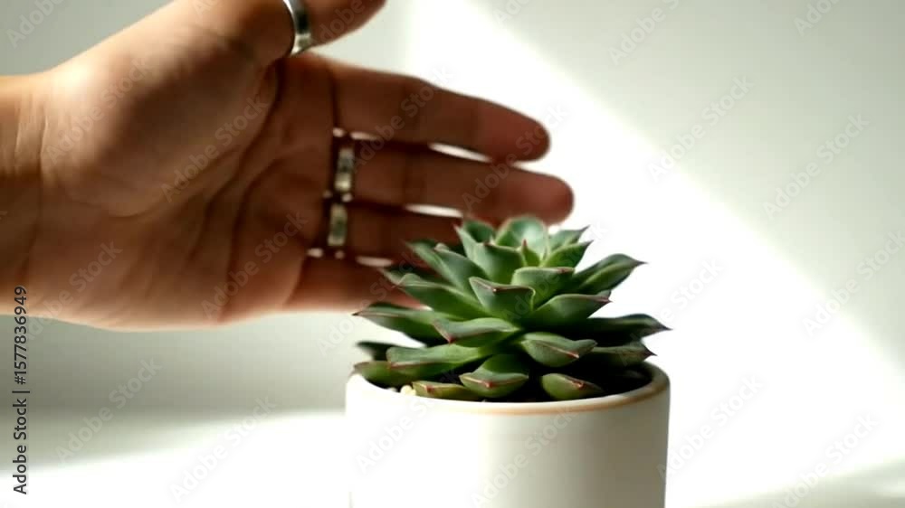 Hand Holding Ceramic Pot with Small Green Plant