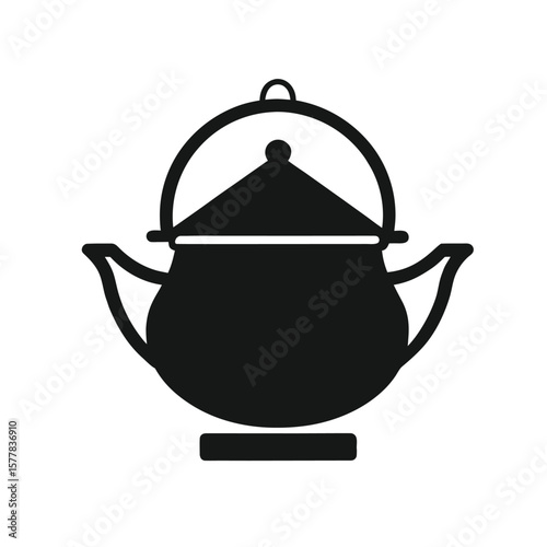 a simple, minimalist illustration depicting a couscous kettle in black silhouette against a white background