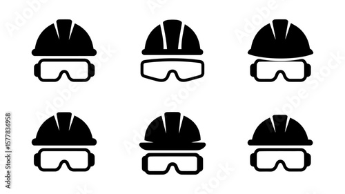 Vector art of a set of safety helmets and goggles for construction workers in various styles isolated on white background