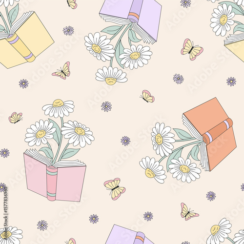 Whimsical Bookish Spring Vector Seamless Pattern with Open Books, Daisy Bouquets as Bookmarks, Butterflies, and Floral Details in Vintage Hand Drawn Style. Ideal for book covers, stationery, fabric