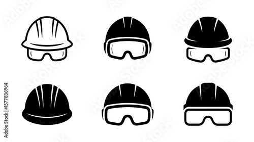 Vector art of a collection of safety helmets and goggles for construction workers in different styles isolated on white background
