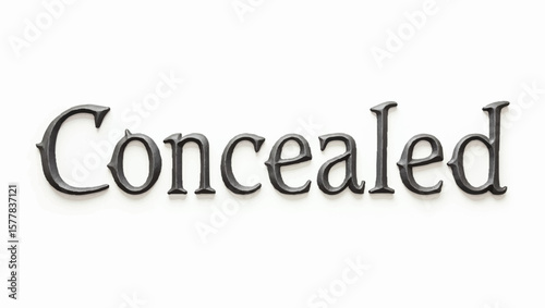 Concealed word in dark metal on white surface