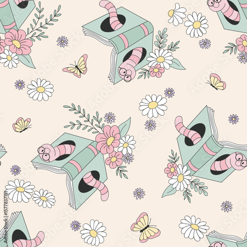 Whimsical Bookish Spring Vector Seamless Pattern with Bookworm, Flowers, and Butterflies in Vintage Hand Drawn Style. Perfect for fabric, stationery, wrapping paper, wallpapers, and book themed