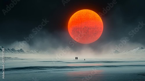 Enormous Red Orb Over Frozen Landscape
