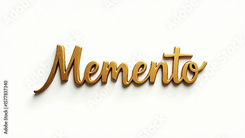 Memento gold lettering against white background