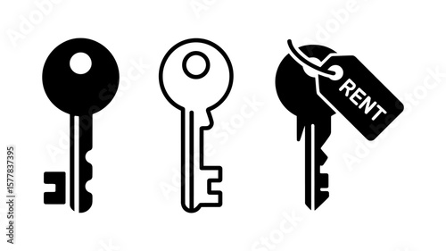 Vector art of three keys symbolize renting a house or apartment, with one key labeled rent, isolated on white background