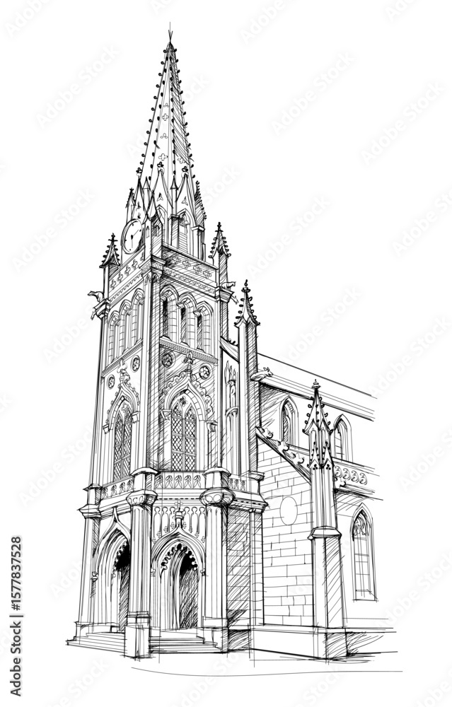 Fototapeta premium Drawing of church Our Lady of Good News in Lorient. Sketch of ancient gothic cathedral. Black and white page for kids coloring book. French medieval architecture. Hand drawn vector illustration.