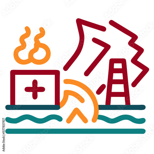 Disaster icon shows a building near water with fire and a damaged structure, symbolizing emergency. This disaster icon illustrates severe incident affecting environment, society, or economy.