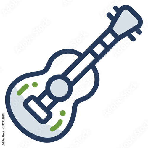 Depiction of ukulele art, a light blue stringed musical instrument with dark blue outline. Ukulele art in a cute illustration with green details, perfect for teaching kids or creating a summery mood.