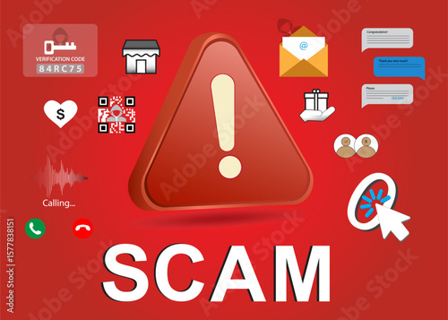 SCAM message with red warning triangle, surrounded by symbols envelope, clickbait icon, giveaway, cloned accounts, spam messages, and online scam warnings. 
