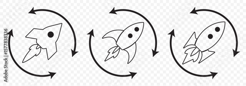 startup rocket launch icon vector sign Rocket icon. Rocket launched icon vector Startup icon set vector in black and white colors on Transparent Background. EPS 10.