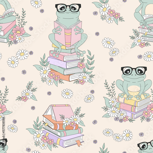 Whimsical Bookish Spring vector Seamless Pattern with Cute Frogs in Glasses Reading on Book Piles with Daisies and Wildflowers in Vintage Style. Ideal for childrens decor, stationery, fabric, book