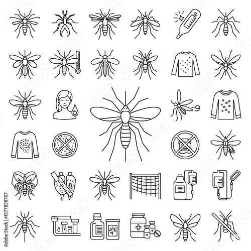 Collection of mosquito related line art icons and medical items