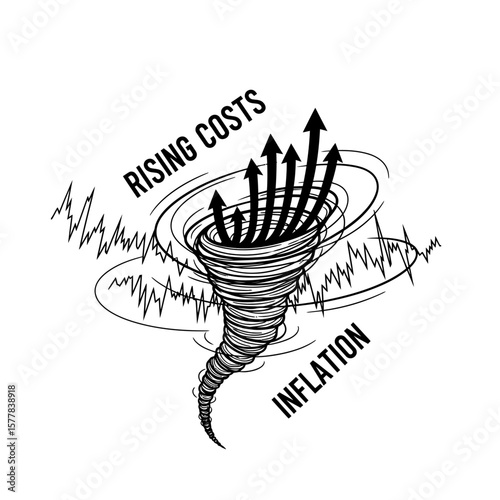 Illustration of inflation tornado with rising costs and up arrows