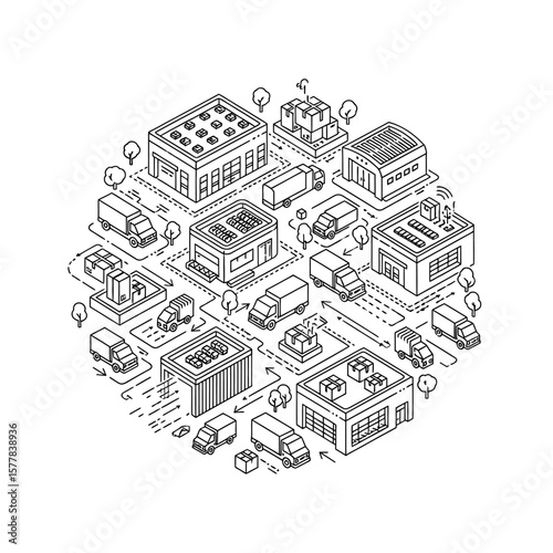 Isometric illustration of logistics network with trucks and buildings