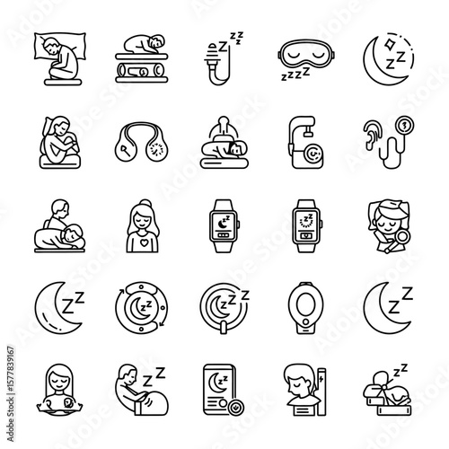 Collection of sleep and sleeping related icons in outline style