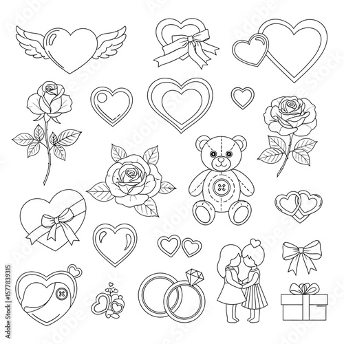 Outline drawing of hearts roses teddy bear and kissing girls art
