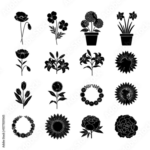 A collection of various flower silhouettes in a grid arrangement