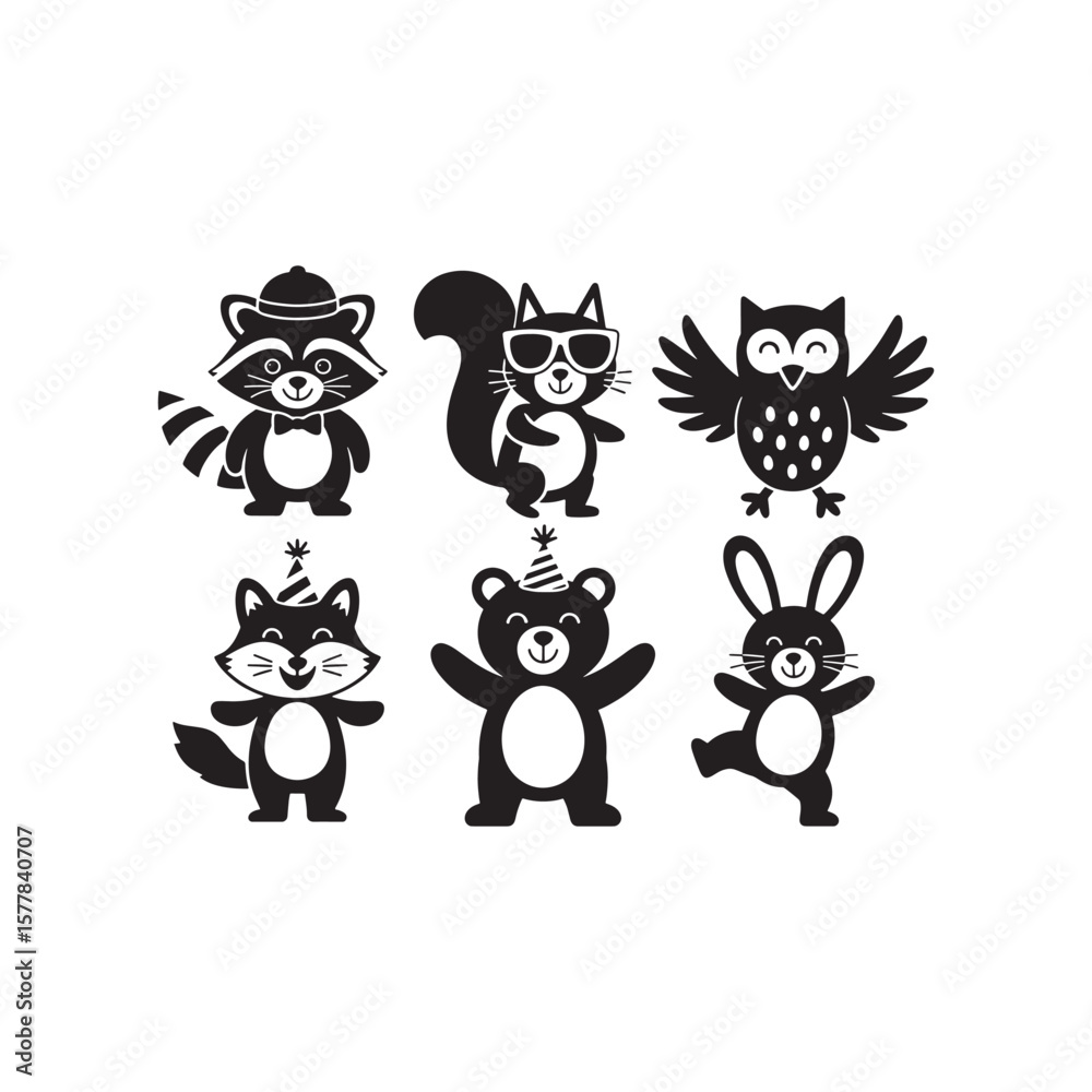Obraz premium Black and white cartoon animals with party hats and sunglasses on white background