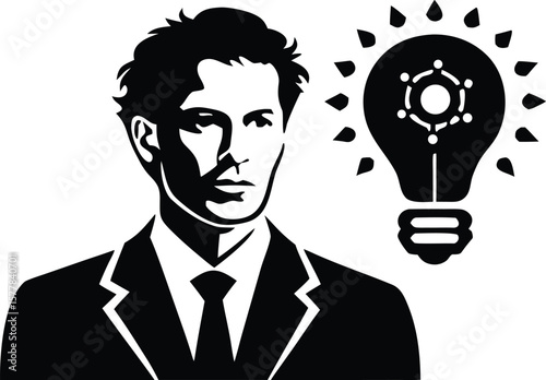 Man in a suit with a glowing lightbulb symbolizing an idea