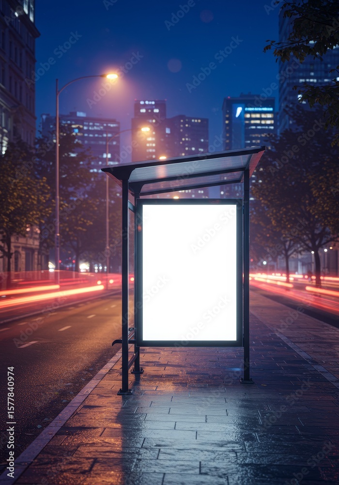City Night Bus Stop Advertisement - Blank billboard at a night city bus stop, perfect for advertising. Bright city lights in the background City Night Bus Stop Advertisement - Blank billboard at a night city bus stop, perfect for advertising. Bright city lights in the background