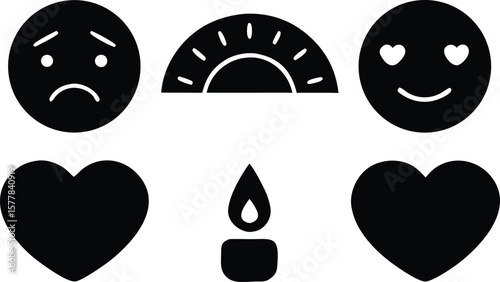 Set of emotional icons featuring happy and sad faces, hearts, sun, and candle