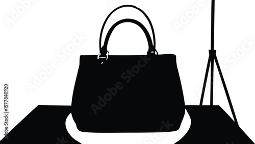 Stylish handbag displayed on a surface with a studio light stand in the background