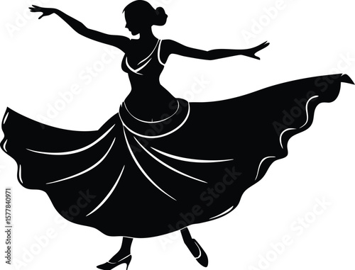 A graceful woman in a flowing dress dances with elegant movements