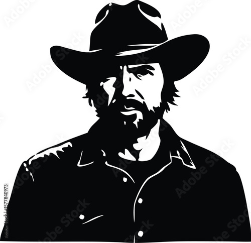 A rugged cowboy with a beard and hat stares intensely forward
