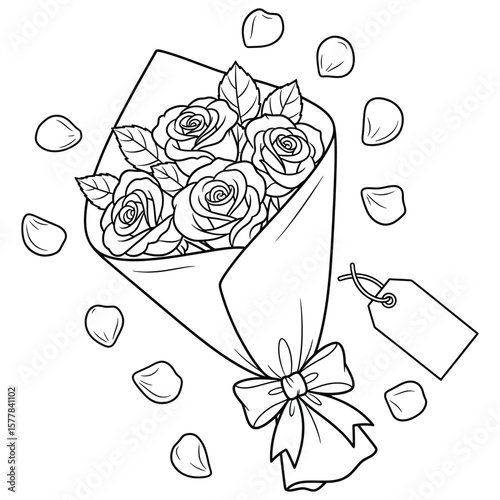 Hand-drawn rose bouquet with ribbon and scattered petals – black and white line art floral illustration for romantic designs and coloring pages