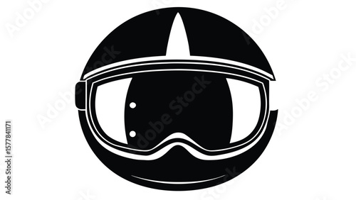 Black and white illustration of a ski helmet with goggles, representing winter sports and adventure