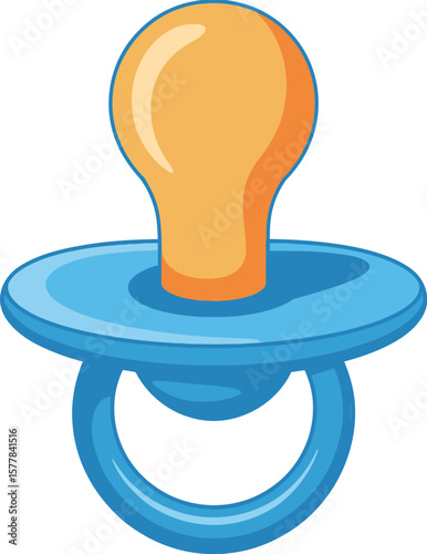 A cartoon image of a baby pacifier with a blue handle and a yellow nipple on a white background