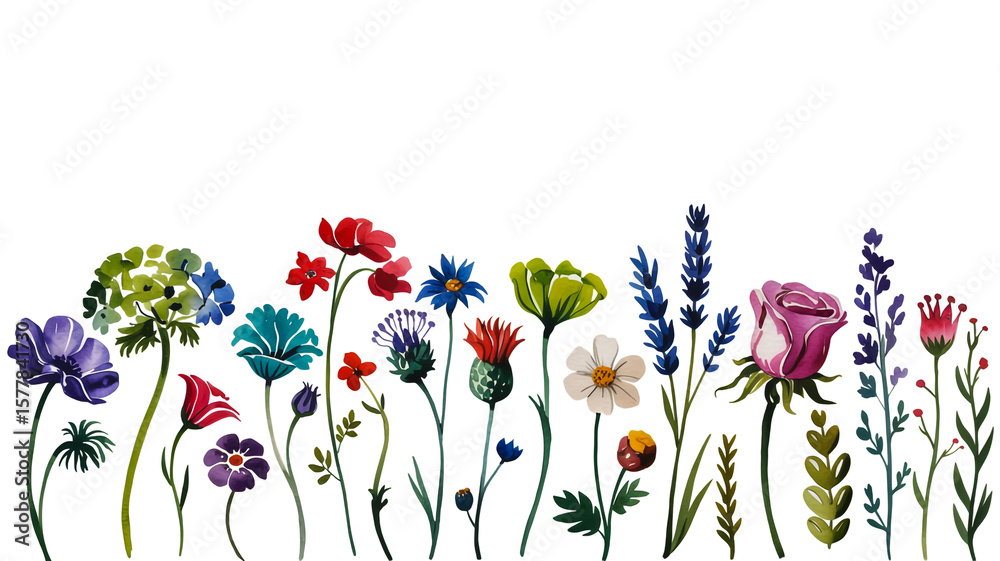 Obraz premium A detailed watercolor illustration of diverse wildflowers arranged horizontally on a clean white background