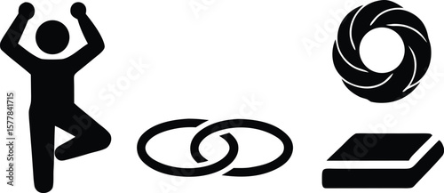 A collection of icons featuring a person in a yoga pose, linked rings, and a camera shutter
