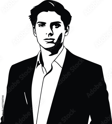 Professional portrait of a young man in a suit, presented in a stylish black and white graphic